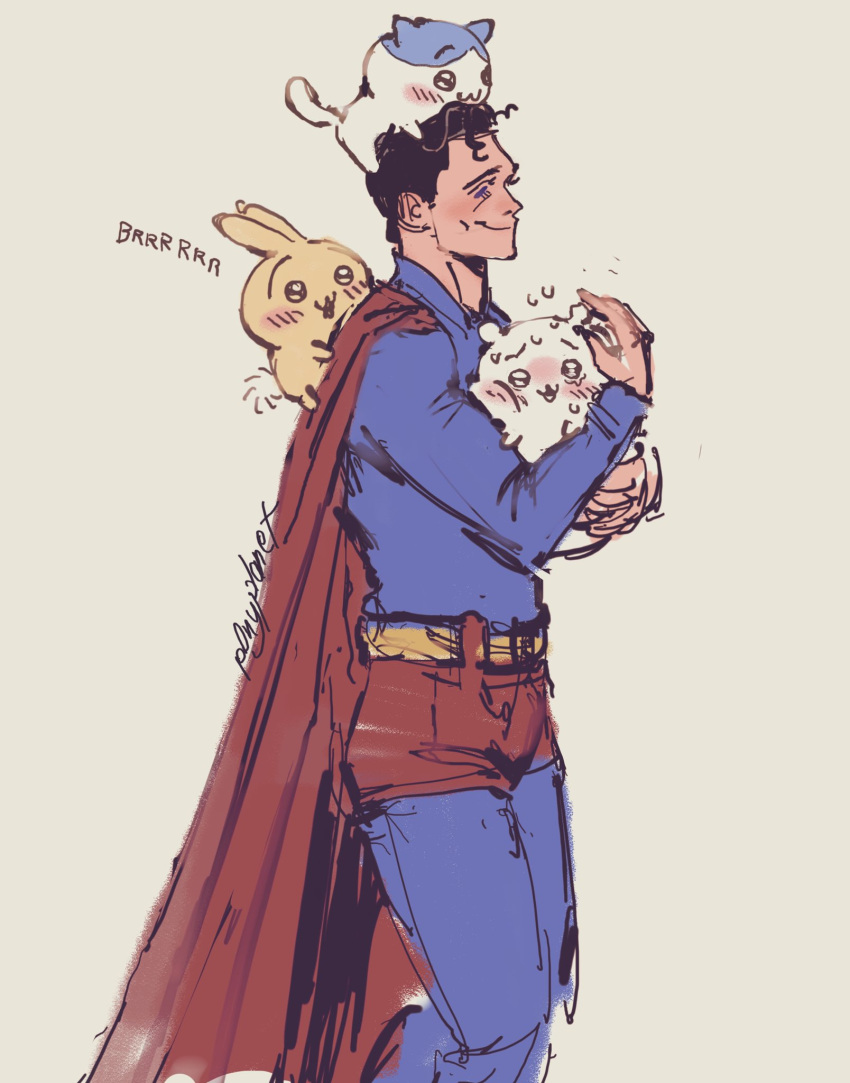 :3 ambiguous_gender ambiguous_species belt black_hair blue_bottomwear blue_clothing blue_eyes blue_pants blue_shirt blue_topwear blush blush_lines bodily_fluids bottomwear cape carrying_another chiikawa chiikawa_(character) clothing crossover dc_comics digital_drawing_(artwork) digital_media_(artwork) domestic_cat felid feline felis feral group hachiware_(chiikawa) hair hi_res human lagomorph leporid long_sleeves male mammal on_head p0nyplanet pants rabbit red_bottomwear red_cape red_clothing red_shorts scut_tail shirt short_hair short_tail shorts side_view sketch smile superhero superhero_costume superman sweat tail topwear usagi_(chiikawa) watermark