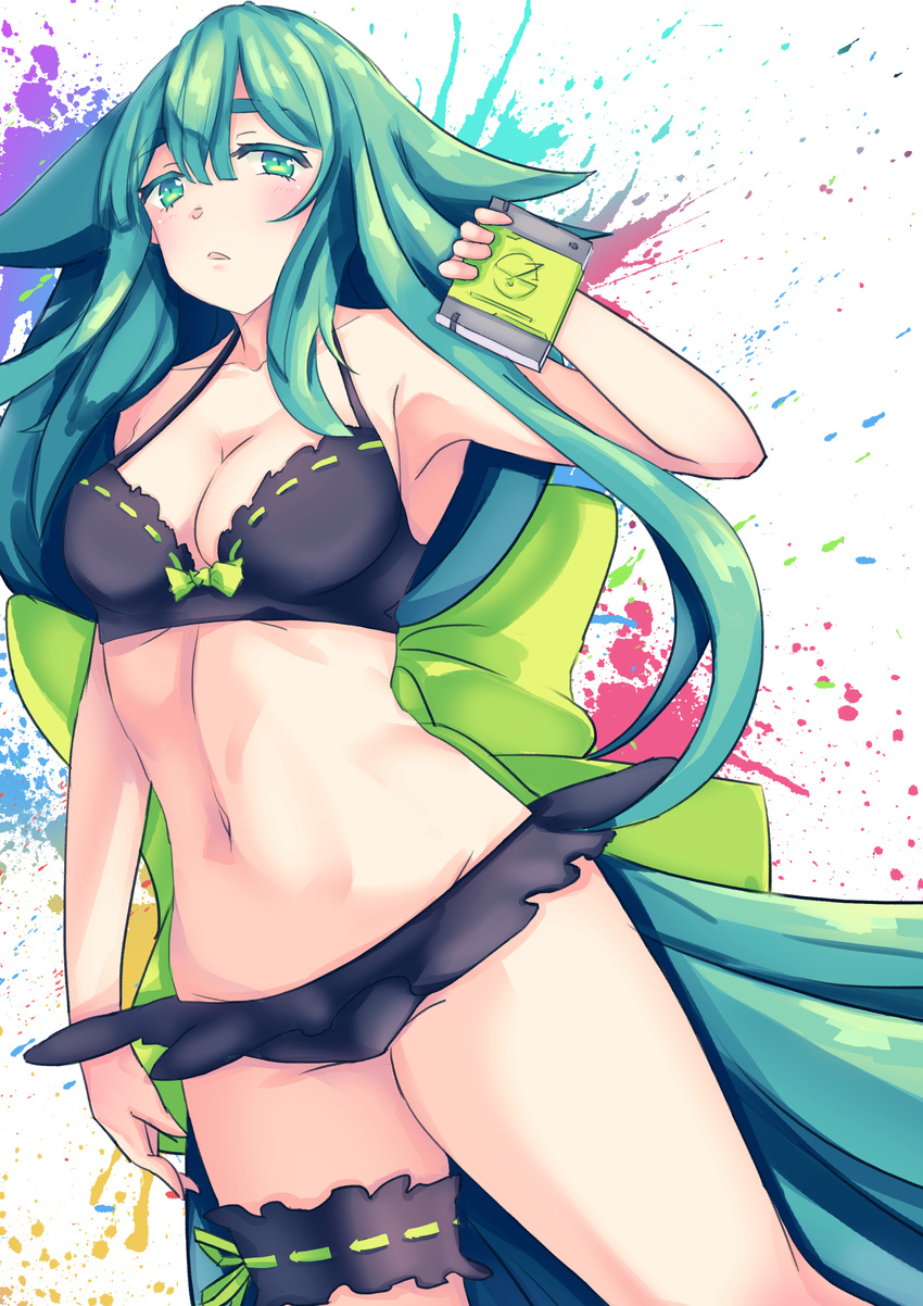 1girl absurdly_long_hair bikini black_bikini breasts cleavage frilled_bikini frills gatchaman_crowds green_eyes green_hair green_ribbon long_hair looking_at_viewer ribbon ribbon-trimmed_bikini solo swimsuit thigh_strap utsutsu very_long_hair