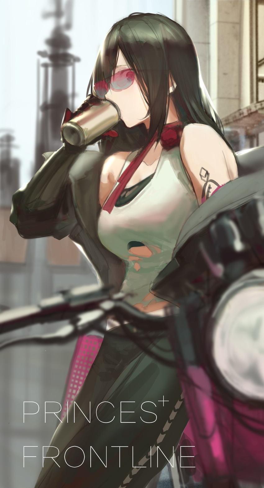 absurdres alternate_costume arm_tattoo biker_clothes black_footwear black_hair black_jacket boots breasts can cenm0 cityscape cleavage closed_mouth cloud cloudy_sky collarbone commentary_request cover cowboy_shot day drinking from_side girls_frontline gloves ground_vehicle headwear_removed helmet helmet_removed highres holding holding_can jacket large_breasts leaning_against_motorcycle long_hair looking_at_viewer medium_breasts motor_vehicle motorcycle neck_ribbon off_shoulder open_clothes open_jacket outdoors pzb39_(girls_frontline) red_eyes red_ribbon red_scarf ribbon scarf sky smile solo standing star sunglasses tattoo very_long_hair zipper