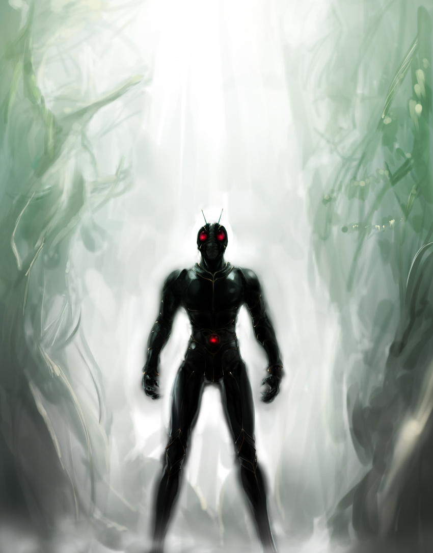 absurdres antennae armor backlighting belt commentary_request day full_armor full_body glowing helmet highres kamen_rider kamen_rider_zo looking_at_viewer male_focus negresco outdoors red_eyes solo standing tokusatsu
