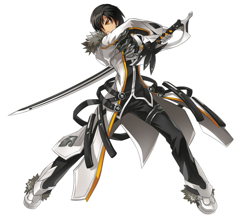 black_hair black_pants black_shirt blade_master_(elsword) claws closed_mouth elsword expressionless fighting_stance full_body fur_trim highres holding holding_sword holding_weapon looking_to_the_side male_focus official_art orange_eyes pants raven_(elsword) ress shirt shoes solo sword transparent_background weapon white_coat