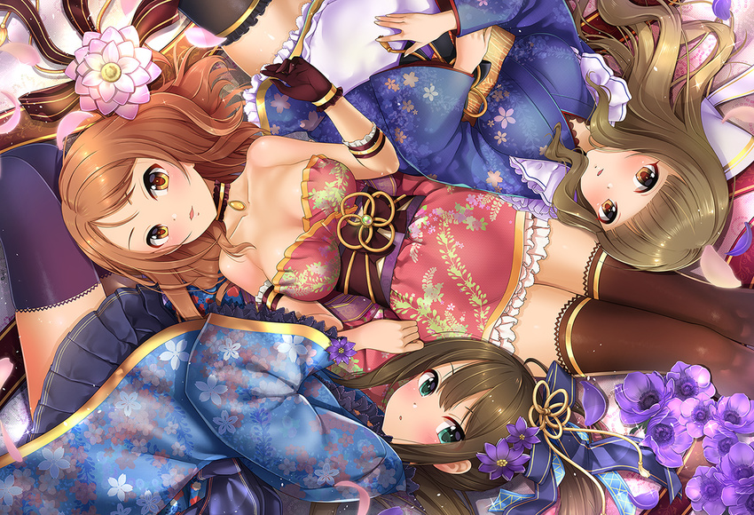 black_gloves black_legwear breasts brown_eyes brown_hair choker floral_print flower gloves green_eyes houjou_karen idolmaster idolmaster_cinderella_girls japanese_clothes kamiya_nao kazu kimono long_hair looking_at_viewer lying medium_breasts multiple_girls on_back parted_lips petals red_eyes shibuya_rin thighhighs triad_primus