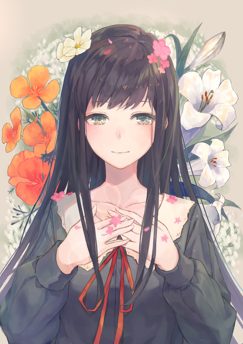 bangs black_blouse black_hair blouse closed_mouth commentary_request floral_background flower flowers_(innocent_grey) green_eyes hands_on_own_chest highres kobuta lily_(flower) long_hair long_sleeves looking_at_viewer neck_ribbon poppy_(flower) red_neckwear red_ribbon ribbon school_uniform shirahane_suou smile solo upper_body