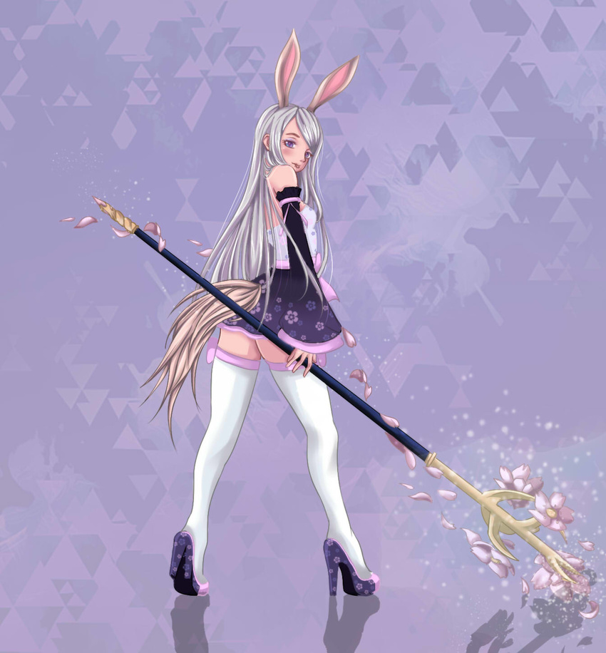 :p animal_ears bare_shoulders blue_eyes blush bunny_ears detached_sleeves dog_tail dress elin_(tera) flower from_behind high_heels highres long_hair looking_back shoes short_dress silver_hair solo staff strapless strapless_dress tail tera_online thighhighs tongue tongue_out weapon white_legwear xiel zettai_ryouiki