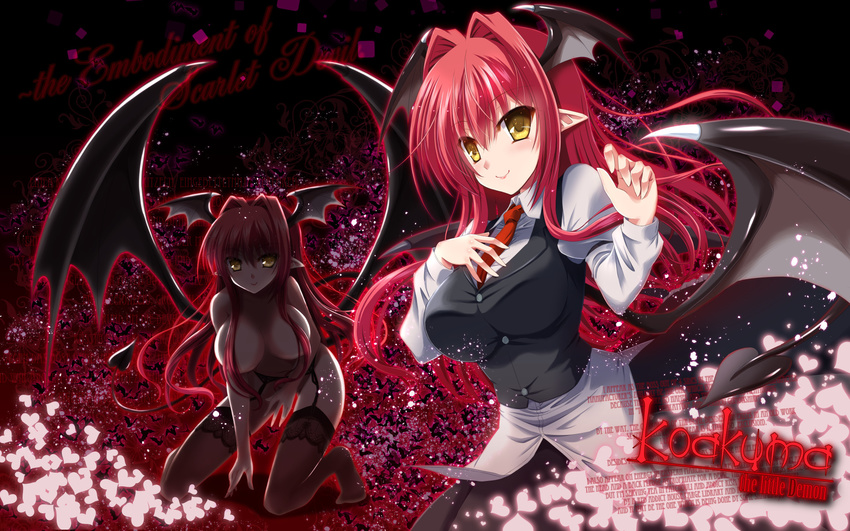 ass_visible_through_thighs bangs black_wings blush breasts breasts_apart brown_legwear buttons character_name closed_mouth collared_shirt commentary_request demon_girl demon_tail demon_wings eyebrows_visible_through_hair garter_belt groin hair_between_eyes hair_censor hair_intakes hair_over_breasts hand_on_own_chest head_wings heart highres juliet_sleeves kneeling koakuma large_breasts long_hair long_sleeves looking_at_viewer necktie no_shoes nude pointy_ears puffy_sleeves red_hair red_neckwear shadow shirt sidelocks smile succubus tail thighhighs touhou white_shirt wings yamu_(reverse_noise) yellow_eyes
