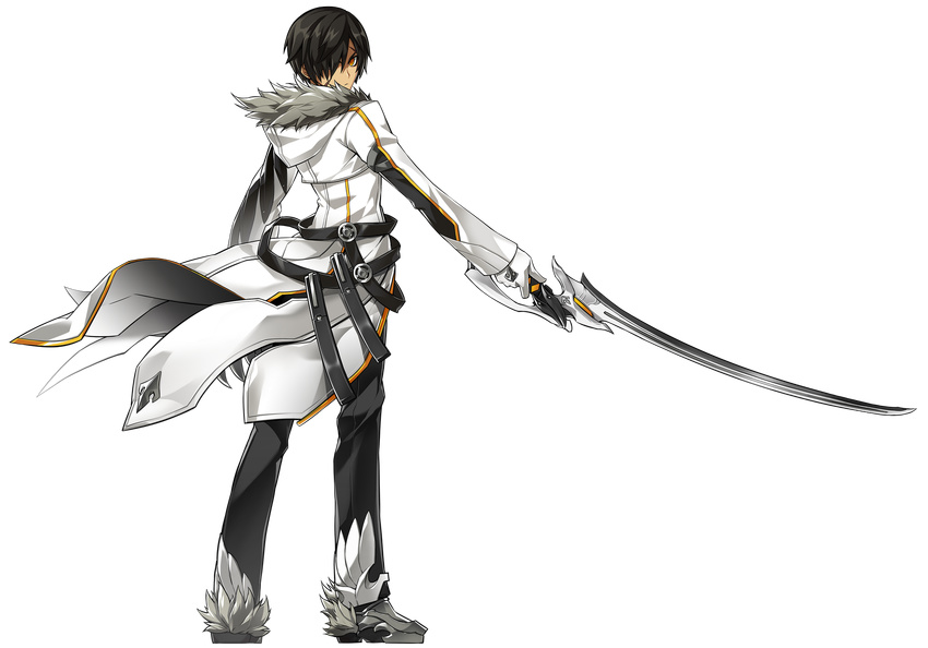 artist_request belt black_hair black_pants blade_master_(elsword) closed_mouth elsword expressionless full_body fur_trim gloves hair_over_one_eye highres holding holding_sword holding_weapon hood looking_at_viewer looking_back male_focus official_art orange_eyes pants raven_(elsword) shoes solo standing sword transparent_background weapon white_coat white_gloves