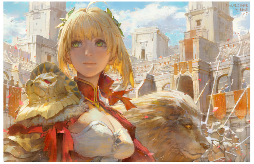 animal armor blonde_hair breasts cleavage cleavage_cutout closed_mouth collar copyright_name crowd day fate/extra fate/grand_order fate_(series) fur_trim green_eyes hair_ribbon krenz lion medium_breasts nero_claudius_(fate) nero_claudius_(fate)_(all) outdoors ribbon short_hair shoulder_armor solo sunlight