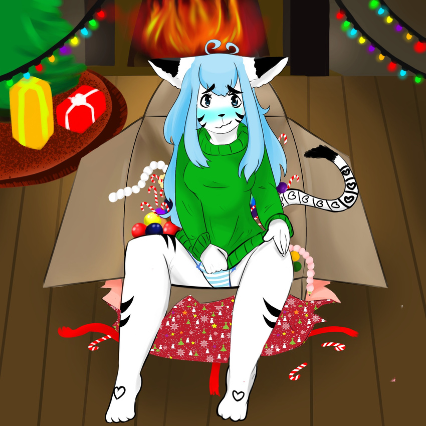 :3 anthro aqua_hair blue_blush blush clothed clothing cute feline female fur gift holidays mammal markings nicholas_c._corbin smile solo trinity_night turtleneck white_fur youtuber