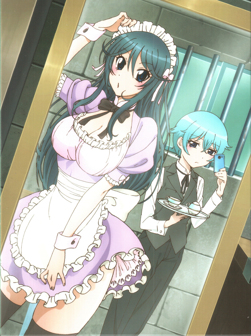 absurdres artist_request black_hair black_legwear blue_eyes blue_hair blush breasts cellphone cleavage female_butler goutokuji_kayo highres huge_filesize kyoudou_maya large_breasts maid maid_headdress multiple_girls phone sabagebu! source_request thighhighs waitress