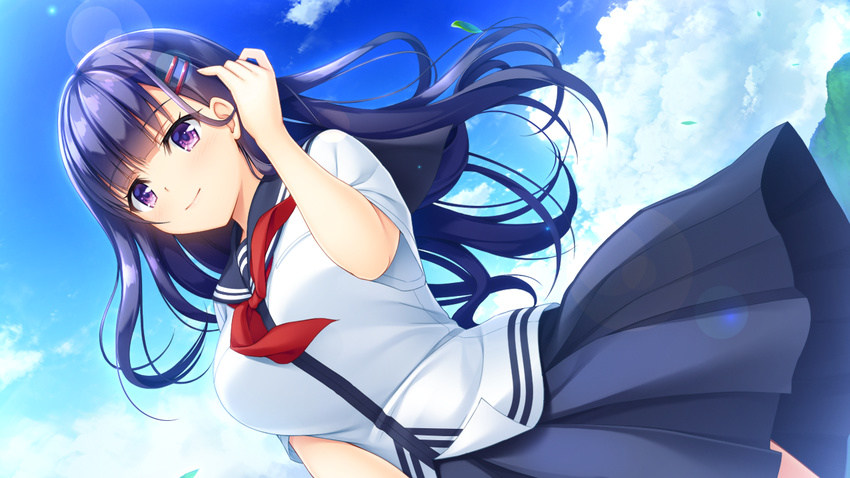 asami_asami blue_hair clouds fujisaki_haruka game_cg hibiki_works long_hair natural_vacation purple_eyes seifuku skirt sky