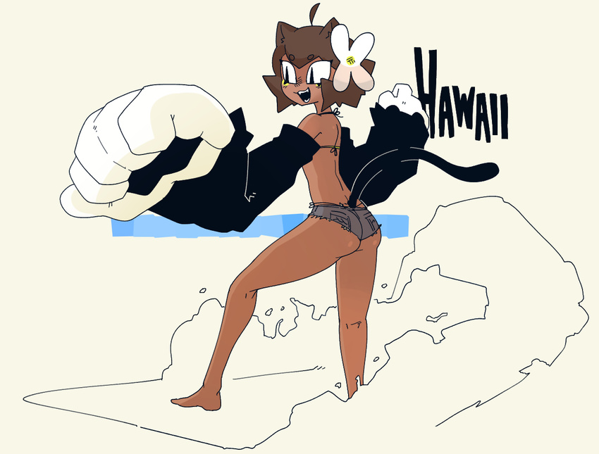 ahoge animal_humanoid barefoot big_arms bikini bikini_top brown_hair butt cat_humanoid clothing dark_skin feline female flower flower_in_hair gats hair hawaii_(gats) humanoid mammal plant smile solo surfing swimsuit