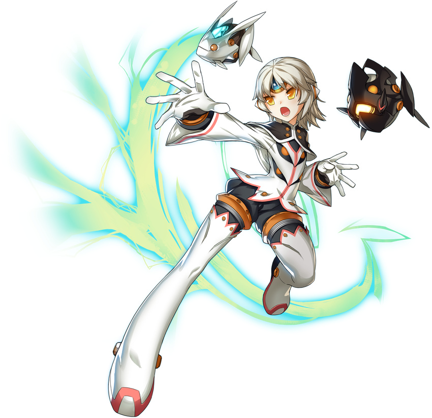 :o absurdres another_code_(elsword) black_capelet black_pants boots capelet elsword eve_(elsword) forehead_jewel full_body gloves highres moby_(elsword) official_art open_mouth outstretched_hand pants remy_(elsword) ress robot shirt short_hair solo thigh_boots thighhighs transparent_background white_footwear white_gloves white_hair white_shirt yellow_eyes