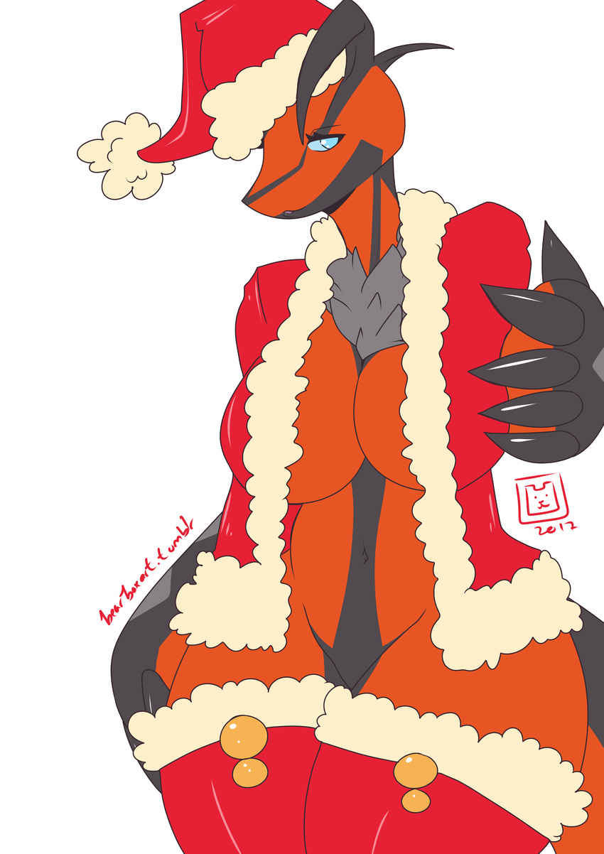 2017 anthro bearbox_doodletimes beckoning big_breasts blue_eyes breasts christmas claws clothed clothing costume digital_media_(artwork) female fur hand_on_hip hat hi_res holidays horn legendary_pok&eacute;mon legwear looking_at_viewer neck_tuft nintendo pok&eacute;mon pok&eacute;mon_(species) santa_costume santa_hat skimpy smile solo standing thick_thighs thigh_highs tuft video_games wide_hips yveltal