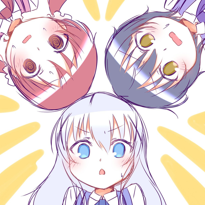 :o bangs black_hair blue_eyes blue_neckwear blue_vest blush bow bowtie chestnut_mouth chimame-tai collared_shirt commentary_request eyebrows_visible_through_hair gochuumon_wa_usagi_desu_ka? hair_between_eyes hair_ornament hair_scrunchie hetareeji highres jouga_maya kafuu_chino light_blue_hair long_hair matching_outfit multiple_girls natsu_megumi open_mouth pink_vest portrait purple_neckwear purple_vest rabbit_house_uniform red_hair red_neckwear scrunchie shirt short_hair sketch two-tone_background v-shaped_eyebrows vest wavy_mouth white_scrunchie white_shirt wing_collar yellow_eyes