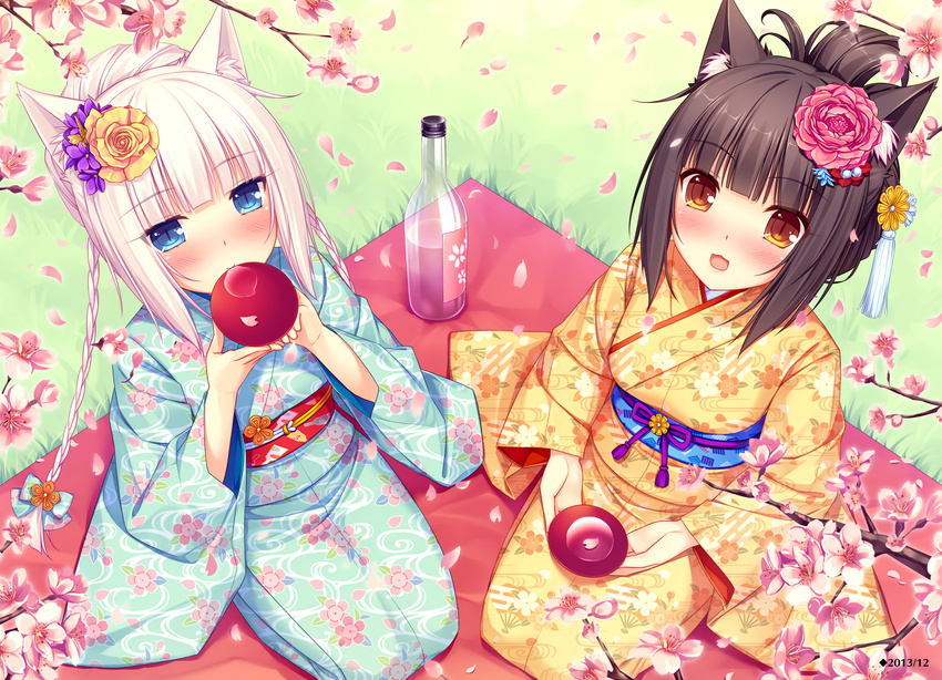 animal_ears black_hair blue_eyes blush braids brown_eyes cat_smile catgirl chocola_(sayori) drink japanese_clothes kimono neko_works nekopara original pink_hair sake sayori scan tail vanilla_(sayori)