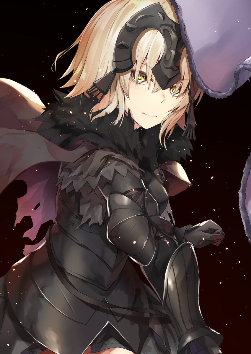absurdres ahoge armor armored_dress bangs banner black_capelet black_cola blonde_hair breasts cape capelet clenched_hand closed_mouth commentary_request cowboy_shot expressionless eyebrows_visible_through_hair fate/grand_order fate_(series) flag flagpole fur-trimmed_cape fur-trimmed_flag fur_trim gauntlets gloves gradient gradient_background headpiece highres holding holding_flag jeanne_d'arc_(alter)_(fate) jeanne_d'arc_(fate)_(all) large_breasts light_particles long_hair looking_at_viewer short_hair sidelocks simple_background solo sparkle thighs torn_cape wind yellow_eyes