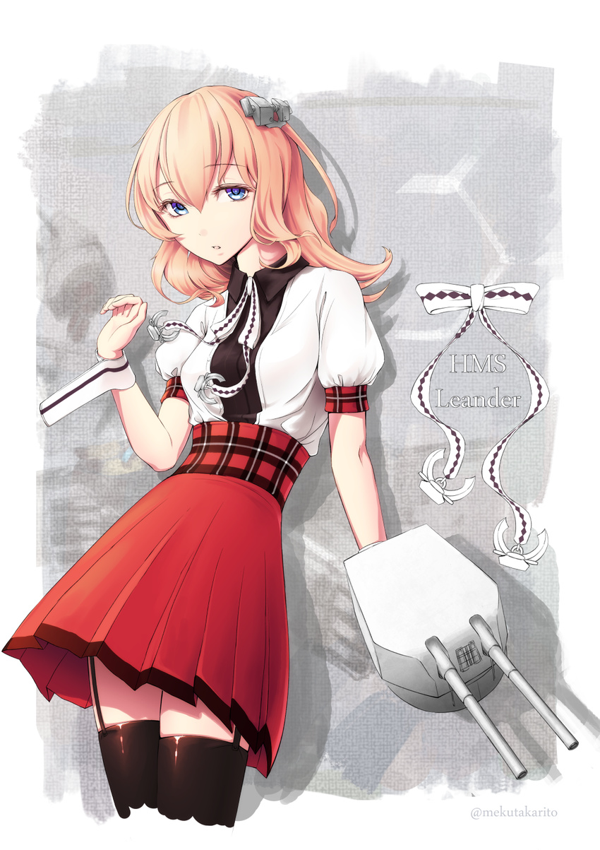anchor_hair_ornament azur_lane black_legwear black_shirt blonde_hair blue_eyes cannon character_name cowboy_shot cropped_jacket drop_shadow expressionless eyebrows_visible_through_hair garter_straps grey_background hair_ornament hand_up highres jacket leander_(azur_lane) leaning_back long_hair looking_at_viewer neck_ribbon parted_lips plaid pleated_skirt puffy_short_sleeves puffy_sleeves red_skirt ribbon shirt short_sleeves skirt solo texture thighhighs twitter_username white_jacket wrist_cuffs yamada_tokihiko