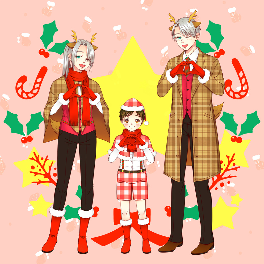 ;d animal_ears antlers black_hair blue_eyes boots brown_eyes candy candy_cane capelet child christmas coat dual_persona food gloves hat heart heart_hands highres hiro_(totoring) holly katsuki_yuuri male_focus multiple_boys necktie one_eye_closed open_mouth plaid ponytail red_gloves reindeer_antlers reindeer_ears santa_hat scarf shorts silver_hair smile star suspenders teenage viktor_nikiforov younger yuri!!!_on_ice