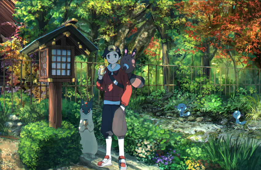 birdhouse black_eyes black_hair day fence flower forest gen_2_pokemon gold_(pokemon) grass grey_shorts hand_in_pocket holding long_sleeves looking_at_viewer male_focus nature outdoors pippi_(pixiv_1922055) pokemon pokemon_(creature) pokemon_(game) pokemon_hgss quilava sentret shoes shorts smile solo standing wooper