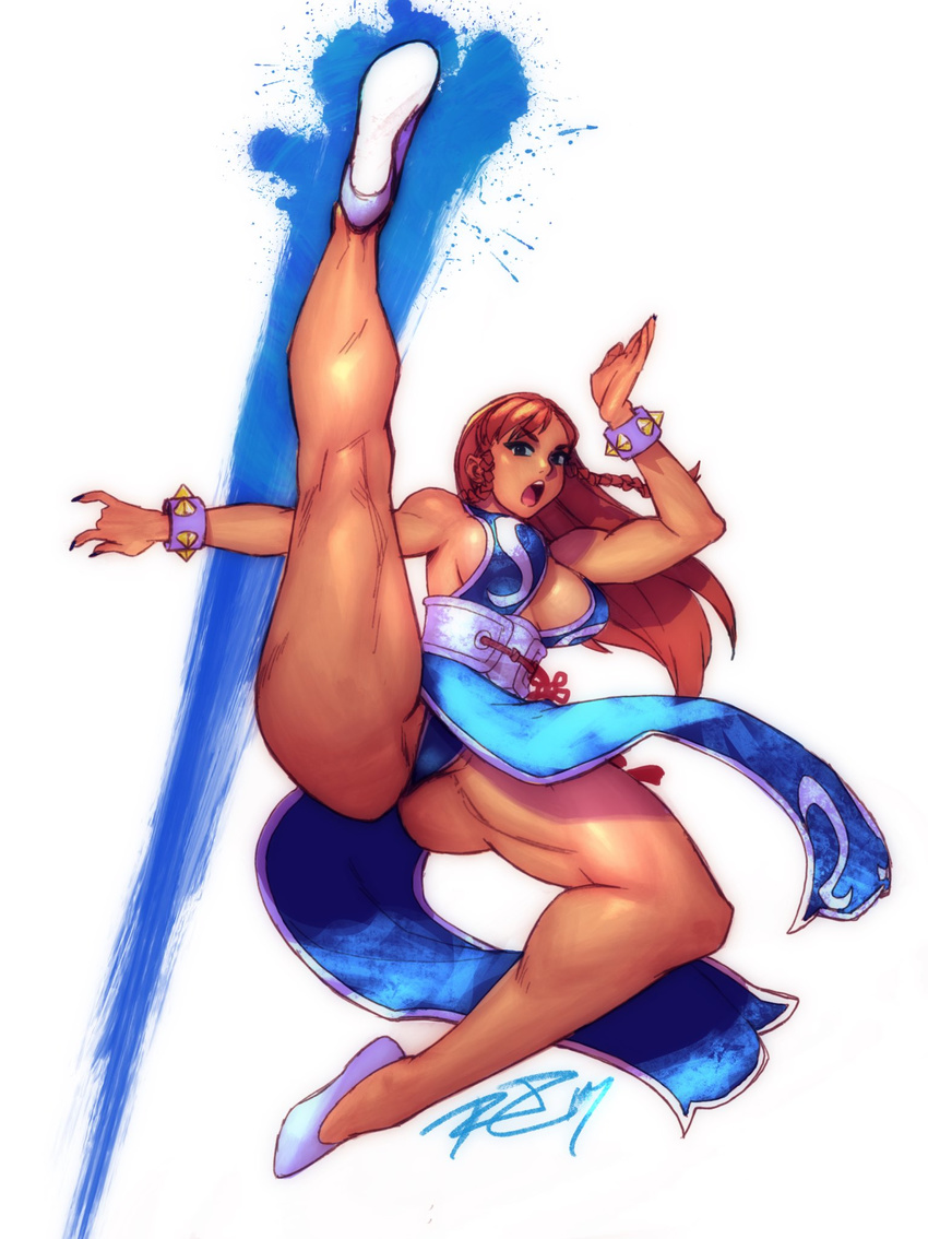 1girl alone alternate_costume asian bare_shoulders braids breasts brown_hair chun-li cleavage curvy female fighting_stance highres hips kick kicking large_breasts long_hair muscular_legs open_mouth robert_porter shoes solo street_fighter studded_bracelet thick_thighs thighs wide_hips