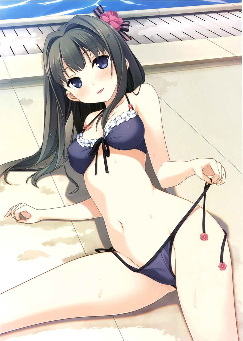 absurdres ass_visible_through_thighs ayase_sayuki bikini black_hair blue_bikini blue_eyes blush breasts covered_nipples cropped eyebrows_visible_through_hair flower front-tie_bikini front-tie_top hair_flower hair_intakes hair_ornament halterneck highres kantoku looking_at_viewer lying medium_breasts navel on_side parted_lips scan side-tie_bikini smile solo strap_gap swimsuit untied untied_bikini wet wet_hair your_diary