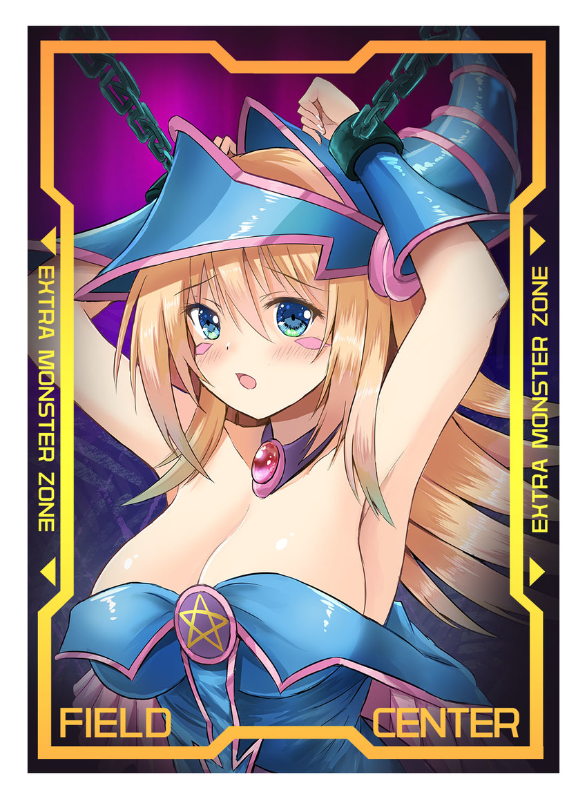 armpits arms_up bare_shoulders blonde_hair blue_eyes blue_leotard blush_stickers breasts chain choker cleavage commentary_request dark_magician_girl duel_monster hat highres large_breasts leotard open_mouth pentacle solo suzuta_yume wizard_hat yuu-gi-ou yuu-gi-ou_duel_monsters