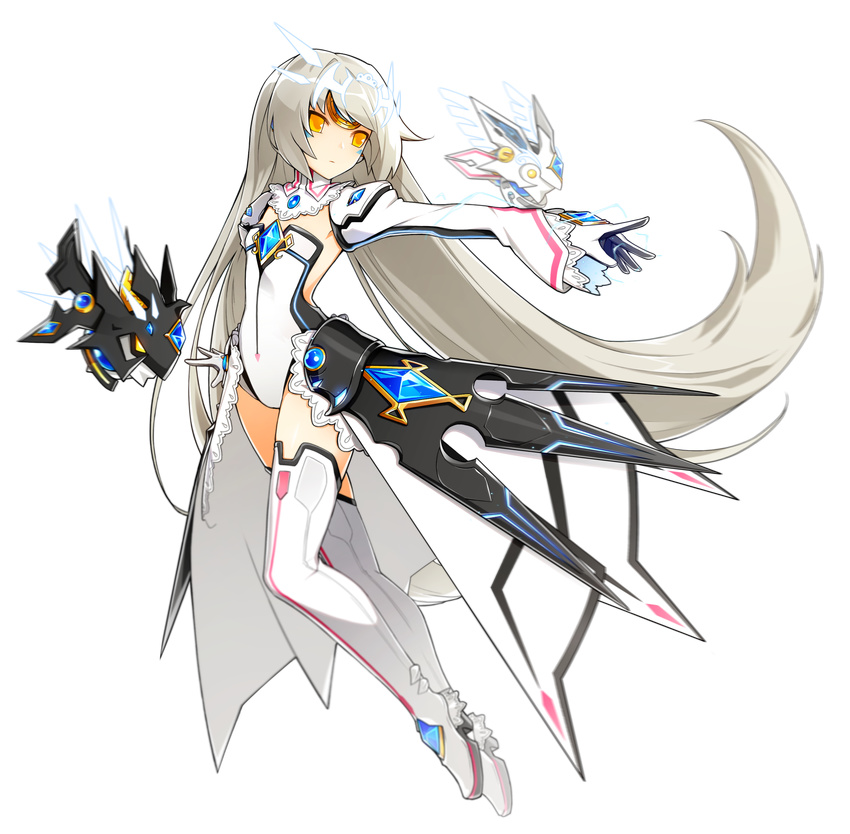 absurdres boots closed_mouth code:_battle_seraph_(elsword) detached_collar detached_sleeves elsword eve_(elsword) expressionless floating forehead_protector full_body gem gloves highres hwansang leotard long_hair moby_(elsword) official_art remy_(elsword) robot solo thigh_boots thighhighs transparent_background white_footwear white_hair white_leotard yellow_eyes