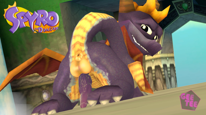 3d_(artwork) anus backsack balls butt claws digital_media_(artwork) dragon erection feral geetee hi_res looking_at_viewer looking_back male penis presenting presenting_hindquarters raised_tail rear_view scalie smile solo source_filmmaker spyro spyro_the_dragon spyro_the_dragonvideo_games video_games