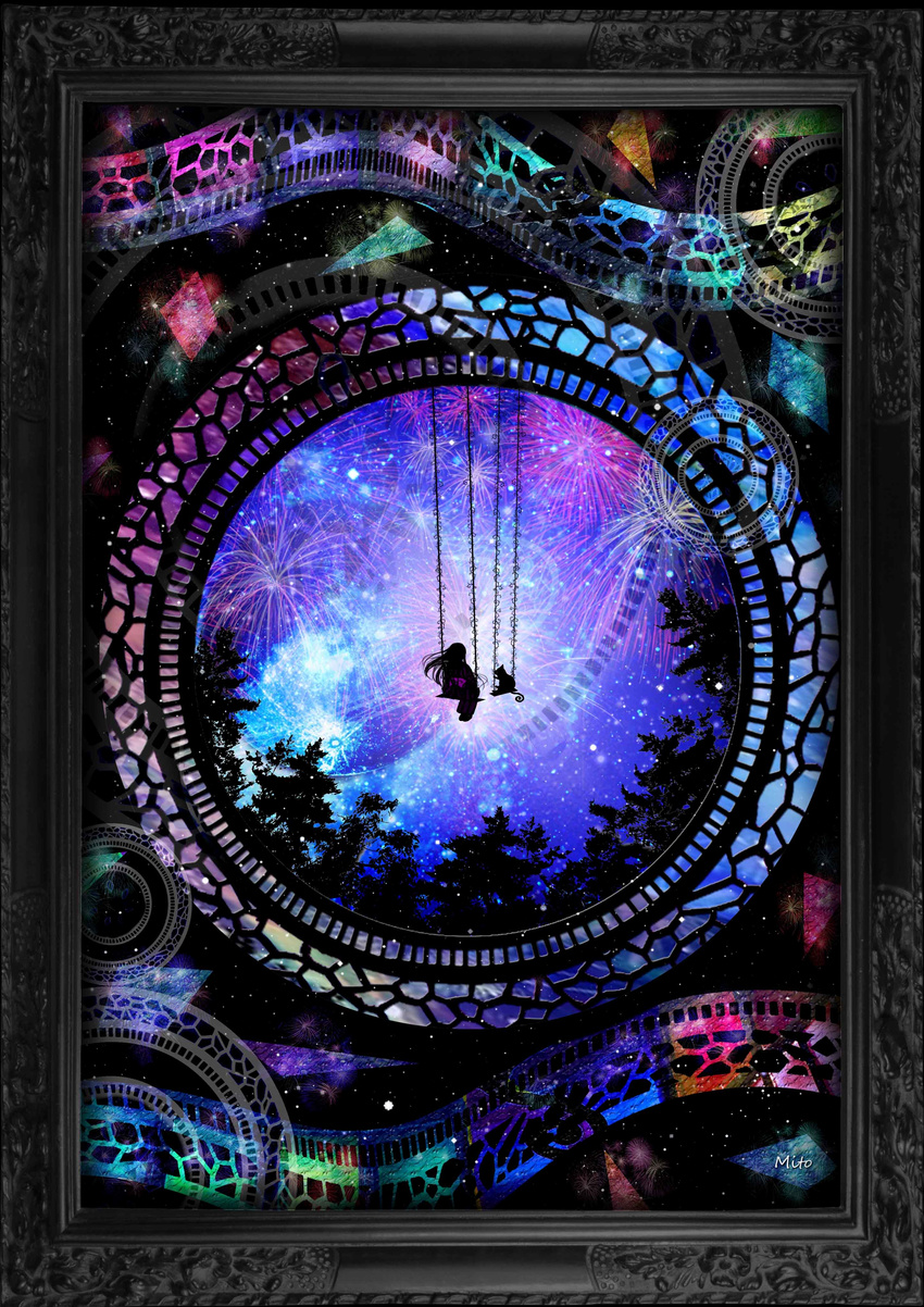 absurdres bow cat commentary_request dark fireworks forest frame from_behind highres japanese_clothes kimono long_hair mitoxxasxx nature night original revision sky star_(sky) starry_sky swing