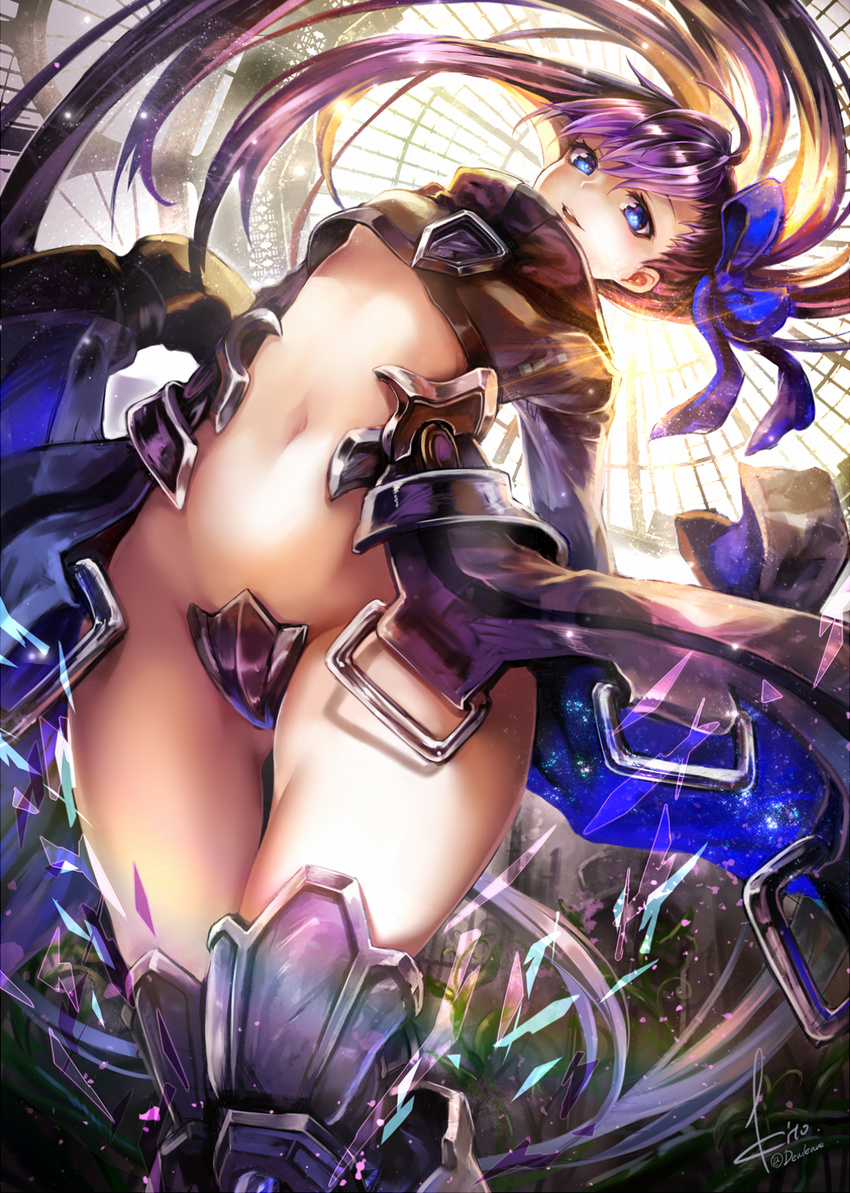 armor armored_boots ass_visible_through_thighs backlighting bangs blue_eyes blue_ribbon boots breasts buckle cowboy_shot cropped_jacket crotch_plate diffraction_spikes dome eyelashes fate/extra fate/extra_ccc fate_(series) fisheye floating_hair from_below groin hair_between_eyes hair_ribbon high_collar highres indoors kito_(kito2) leaning_back leaning_to_the_side light_particles light_smile long_hair long_sleeves looking_at_viewer looking_down meltlilith navel parted_lips purple_hair revealing_clothes ribbon shards shiny shiny_hair signature sleeves_past_wrists small_breasts solo space_print starry_sky_print sun tareme thigh_gap transparent twitter_username underboob upshirt very_long_hair very_long_sleeves weeds