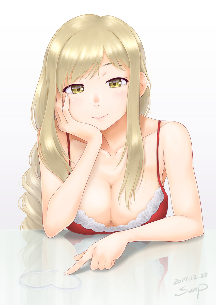 artist_name bangs blonde_hair bra braid breasts chin_rest collarbone dated heart highres index_finger_raised large_breasts long_hair looking_at_viewer pink_lips red_bra reflection school_girl_strikers sidelocks single_braid smile sunsun69 swept_bangs underwear yaginuma_io yellow_eyes