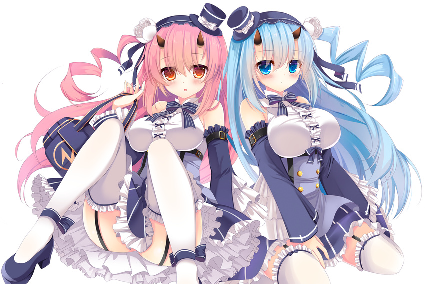 :o azur_lane bag bangs bare_shoulders between_legs blue_eyes blue_footwear blue_hair blue_hairband blue_hat blue_neckwear blue_skirt blush bow bowtie breasts brown_eyes center_frills closed_mouth commentary_request detached_sleeves eyebrows_visible_through_hair flower frilled_legwear frilled_skirt frilled_sleeves frills garter_straps hair_between_eyes hair_flower hair_ornament hairband hand_between_legs handbag hat high_heels highres holding holding_bag horns ikazuchi_(azur_lane) inazuma_(azur_lane) large_breasts lightning_bolt long_hair long_sleeves looking_at_viewer mini_hat mini_top_hat multiple_girls one_side_up parted_lips pink_hair rose shirt simple_background sitting skirt striped striped_neckwear thighhighs top_hat very_long_hair wariza white_background white_flower white_legwear white_rose white_shirt yuutsuki_hina