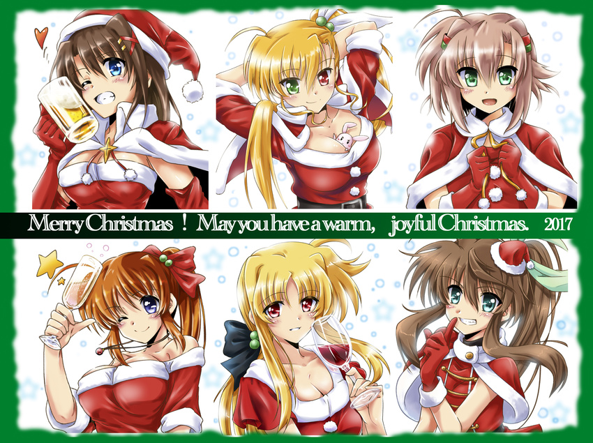 6+girls ahoge alcohol asymmetrical_bangs bangs bare_shoulders beer beer_mug belt between_breasts black_belt black_bow blonde_hair blue_eyes bow breasts brown_hair cape capelet champagne champagne_flute christmas cleavage closed_mouth collarbone cup dated dress drinking_glass elbow_gloves english eyebrows_visible_through_hair fate_testarossa finger_to_mouth fuuka_reventon glass gloves green_eyes green_ribbon grin hair_bobbles hair_bow hair_ornament hair_over_shoulder hair_ribbon hair_tubes hat heart heterochromia highres holding holding_cup jewelry large_breasts long_hair looking_at_viewer lyrical_nanoha medium_breasts merry_christmas mini_hat mini_santa_hat miura_rinaldi multiple_girls necklace off_shoulder older one_eye_closed open_mouth ponytail raising_heart red_cape red_capelet red_dress red_eyes red_gloves red_hat red_ribbon red_shirt ribbon sacred_heart san-pon santa_costume santa_hat shirt short_hair short_sleeves shushing side_ponytail smile star strapless strapless_dress takamachi_nanoha tilted_headwear twitter_username upper_body vivid_strike! vivio wine wine_glass x_hair_ornament yagami_hayate