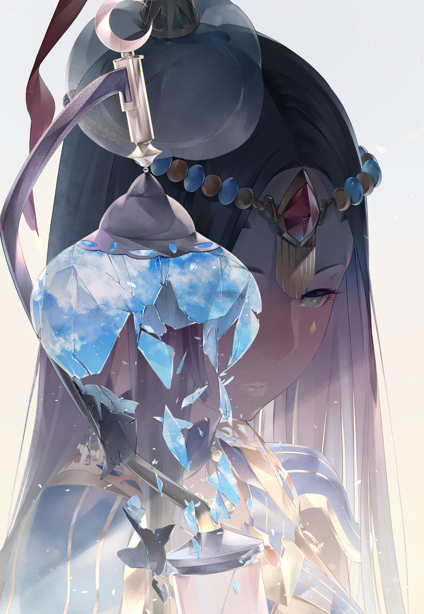 absurdres bangs black_hair broken closed_mouth dark_skin diadem face fate/grand_order fate_(series) gem gradient gradient_background green_eyes grey_background hair_ornament highres lips long_hair parted_bangs pink_lips scheherazade_(fate/grand_order) shoulder_armor solo sousou_(sousouworks) spaulders