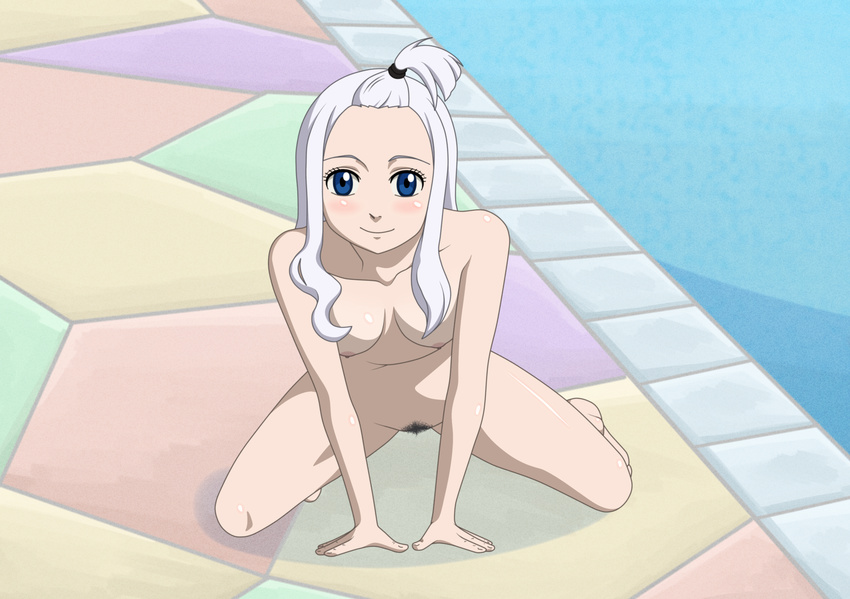 bare_foot blue_eyes blush breasts dmiller69_(artist) fairy_tail full_body large_breasts legs long_hair looking_at_viewer mirajane_strauss nipples nude on_all_fours pubic_hair solo swimming_pool water white_hair