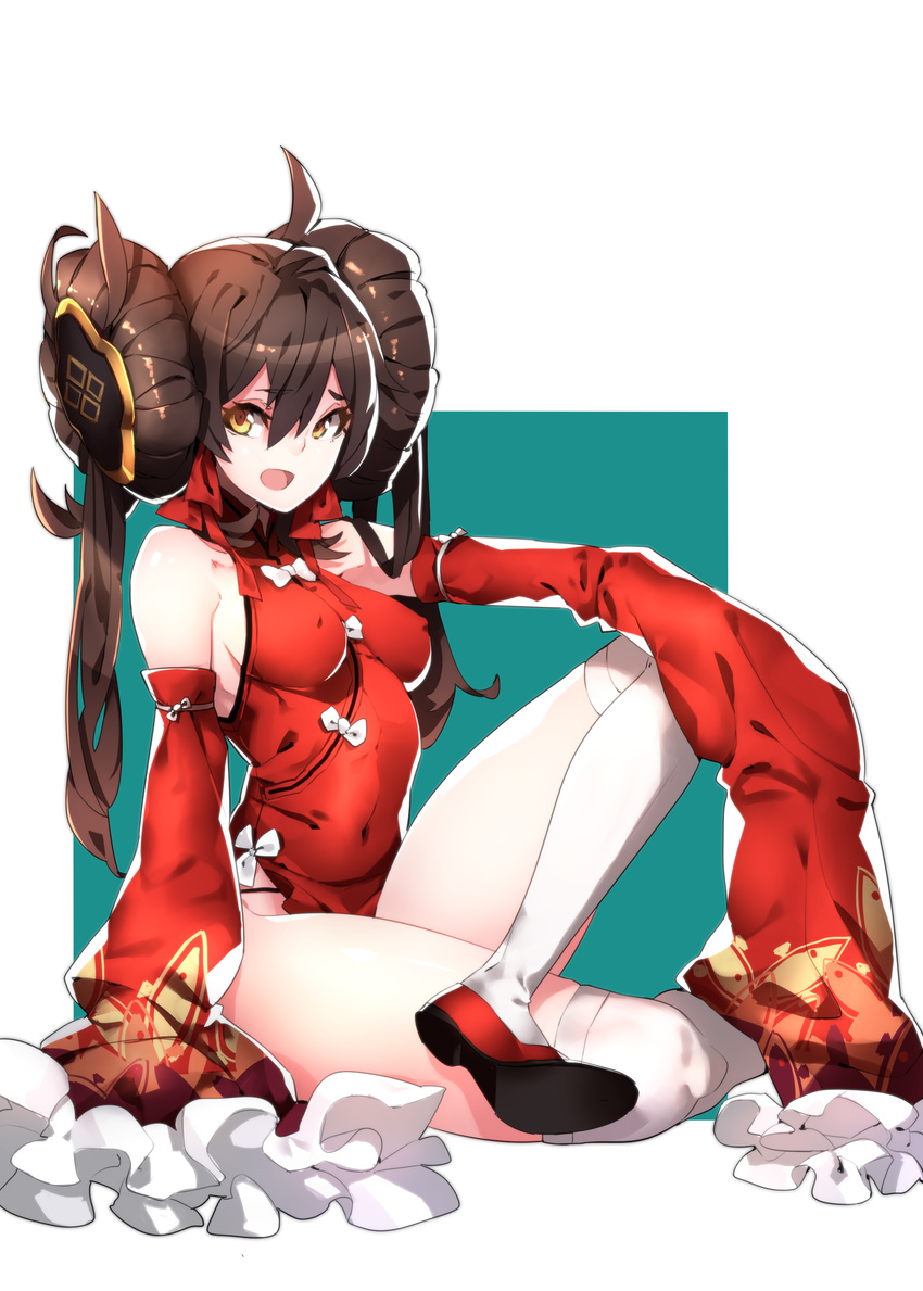 absurdres bad_anatomy big_hair breasts brown_eyes brown_hair china_dress chinese_clothes covered_nipples detached_sleeves double_bun dress girls_frontline hairpods highres looking_at_viewer makai medium_breasts over-kneehighs qbz-97_(girls_frontline) red_dress sitting sleeves_past_wrists solo thighhighs white_legwear