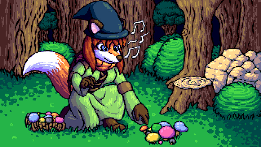 anthro blckflyn canine clothed clothing digital_media_(artwork) dipstick_tail flygon_(artist) forest fox magic_user mammal multicolored_tail mushroom musical_note pixel_(artwork) pointed_hat red_fox tree witch