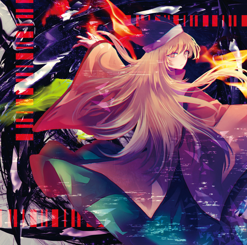 album_cover black_hat chromatic_aberration closed_mouth commentary_request cover expressionless from_behind green_skirt hat highres long_hair long_sleeves looking_at_viewer looking_back matara_okina mirimo orange_eyes outstretched_arms skirt solo touhou wide_sleeves