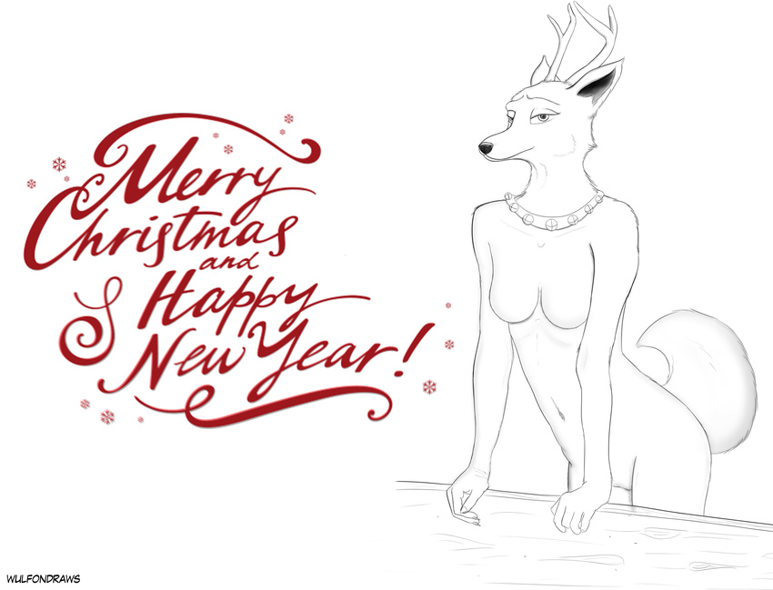 2017 anthro black_and_white breasts cervine digital_media_(artwork) english_text featureless_breasts female fur hi_res looking_at_viewer mammal monochrome navel nude reindeer signature simple_background solo text white_background wulfondraws