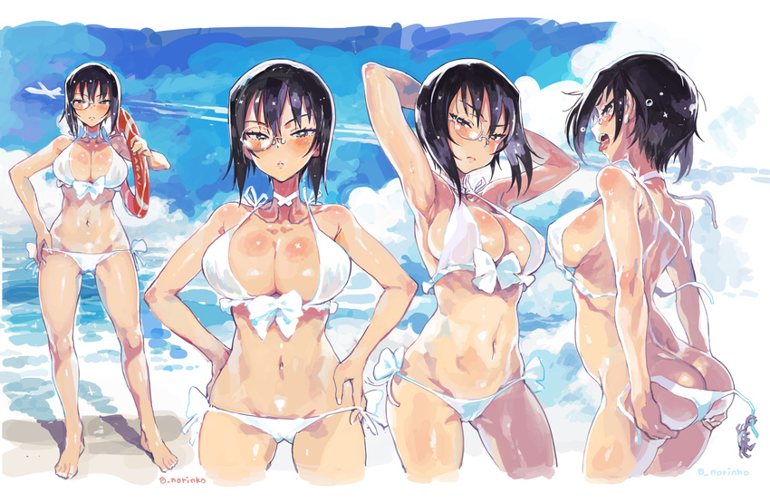 absurdres aircraft airplane armpits arms_behind_head ass bangs bare_arms bare_shoulders barefoot beach bikini black_hair blue_eyes blue_sky blush breasts choker cleavage closed_mouth cloud cloudy_sky condensation_trail cowboy_shot cropped_legs day eyebrows_visible_through_hair frown full_body girls_und_panzer hair_between_eyes hand_on_hip hands_on_hips highres innertube kawashima_momo large_breasts looking_at_viewer monocle multiple_views navel norinco outdoors sand shore short_hair short_hair_with_long_locks side-tie_bikini signature sky standing strap_gap swimsuit tongue untied untied_bikini white_bikini