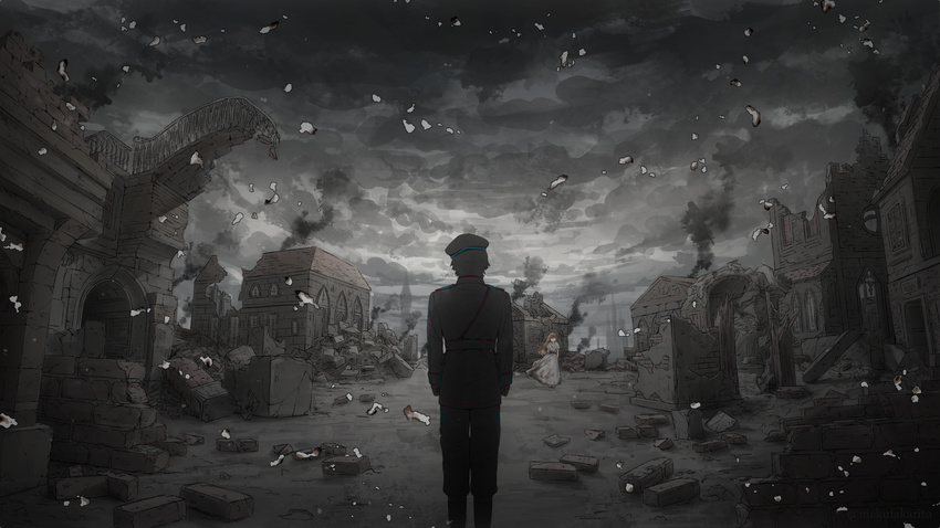 1girl arms_at_sides blonde_hair boots brick burned_paper commentary_request dress from_behind grey grey_dress hat highres long_hair long_sleeves military military_hat military_uniform original outdoors overcast ruins scenery smoke standing uniform wide_shot wind yamada_tokihiko