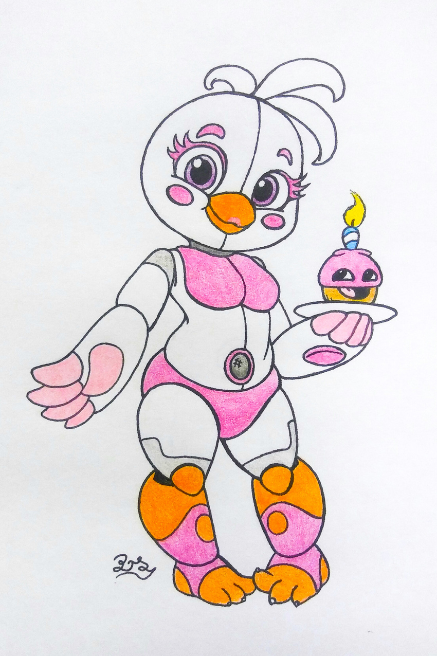 anthro avian big_eyes bird blush chicken clothing cupcake feathers female five_nights_at_freddy's food freddy_fazbear's_pizzeria_simulator funtime_chica_(fnaf) pillothestarplestian slightly_chubby smile solo thick_thighs video_games wide_hips