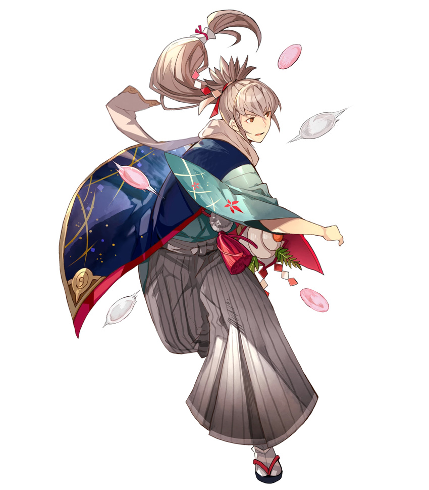 alternate_costume fire_emblem fire_emblem_heroes fire_emblem_if food full_body grey_hair highres japanese_clothes kimono leaf long_hair male_focus mochi official_art open_mouth orange_eyes ponytail sandals scarf solo takumi_(fire_emblem_if) tobi_(kotetsu) transparent_background wagashi