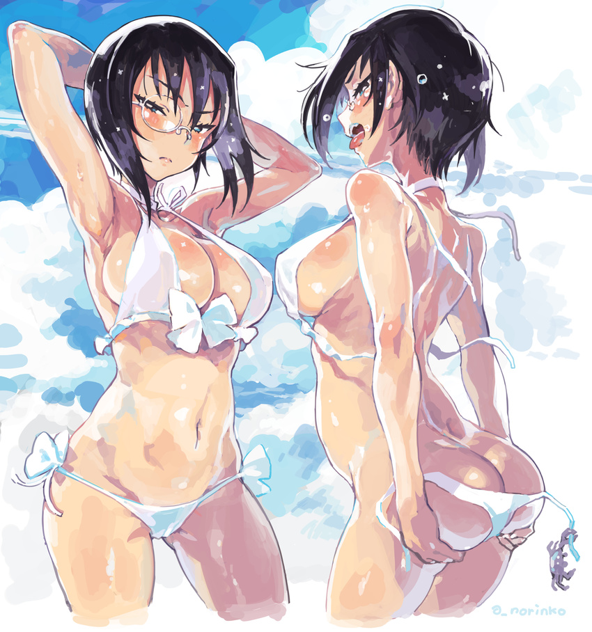 armpits arms_behind_head ass bangs bare_arms bare_shoulders bikini black_hair blue_eyes blue_sky blush breasts cleavage closed_mouth cloud cloudy_sky cowboy_shot cropped_legs day eyebrows_visible_through_hair frown girls_und_panzer hair_between_eyes highres kawashima_momo large_breasts looking_at_viewer monocle navel norinco outdoors short_hair short_hair_with_long_locks side-tie_bikini sky solo standing strap_gap swimsuit tongue untied untied_bikini white_bikini