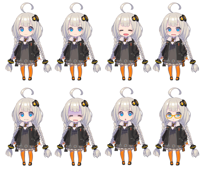 :d :o =_= ahoge bangs black_footwear black_jacket blue_eyes blush braid chibi closed_eyes closed_mouth collared_dress commentary_request crying crying_with_eyes_open dress expressions eyebrows_visible_through_hair fingerless_gloves frown fur_trim glasses gloves grey_dress grey_gloves hair_ornament highres jacket kizuna_akari long_hair looking_at_viewer multiple_views nagisa_kurousagi nervous_smile open_clothes open_jacket open_mouth orange_legwear pantyhose parted_lips ribbed_legwear shaded_face shoes simple_background smile standing striped striped_legwear sweatdrop tearing_up tears turn_pale twin_braids vertical-striped_legwear vertical_stripes very_long_hair vocaloid voiceroid wavy_mouth white_background yellow-framed_eyewear