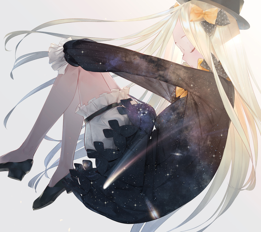 abigail_williams_(fate/grand_order) bangs black_bow black_dress black_footwear black_hat blonde_hair bow bug butterfly closed_eyes commentary_request dress fate/grand_order fate_(series) forehead from_side hair_bow hat high_heels highres insect long_hair long_sleeves looking_at_viewer nebula orange_bow parted_bangs polka_dot polka_dot_bow shoes shooting_star sleeves_past_wrists solo sousou_(sousouworks) space_print starry_sky_print very_long_hair