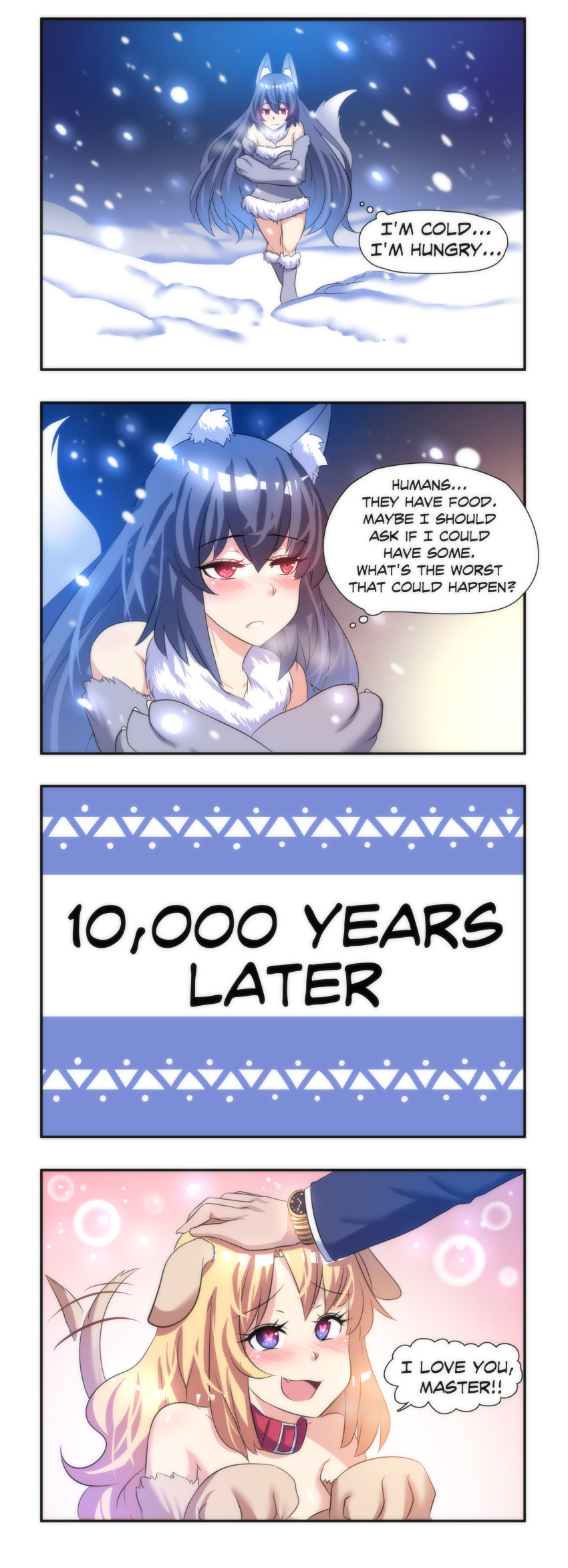 &lt;3 &lt;3_eyes animal_humanoid blush breath canid canid_humanoid canine canine_humanoid canis clothed clothing collar comic cute_fangs dog_humanoid dress duo english_text eyelashes female gloves hair human humanoid inner_ear_fluff long_hair mammal merryweatherey open_mouth paw_gloves pet petplay princess_hinghoi red_eyes roleplay snow snowing solo speech_bubble tailwag tame text thought_bubble wolf_humanoid