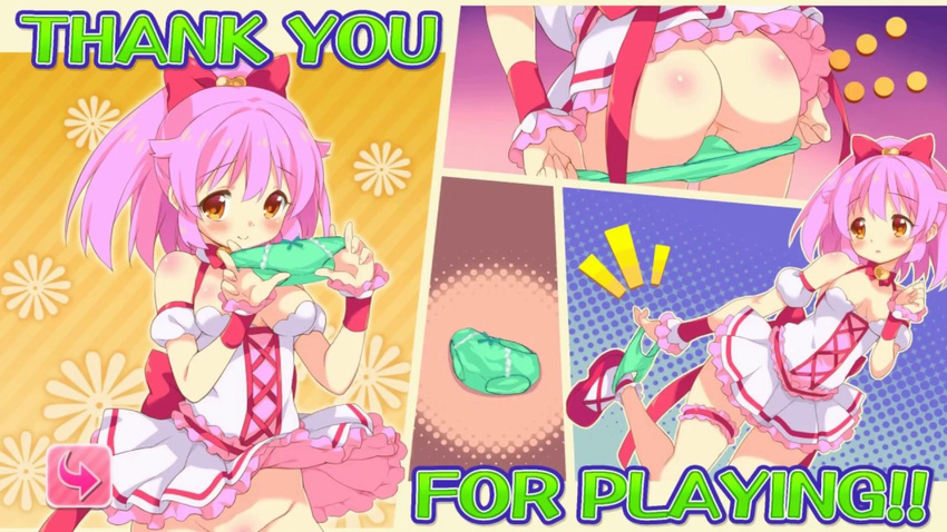 blush bow breasts brown_eyes c-labo clothes_on_floor dress english game_cg green_panties groin head_tilt holding holding_panties leg_lift long_hair magical_girl_yuni_defeat! out-of-frame_censoring panties panties_removed panty_pull pink_hair ponytail pulled_by_self ribbon shirakawa_yuni shoes short_dress small_breasts smile standing standing_on_one_leg underwear undressing white_dress wind wind_lift