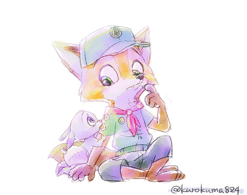 2017 anthro baby canine clothed clothing cub diaper disney duo female fox fully_clothed fur grey_fur happy judy_hopps kurokuma824 lagomorph male mammal nick_wilde pacifier rabbit scout_uniform simple_background sitting smile uniform white_background young zootopia