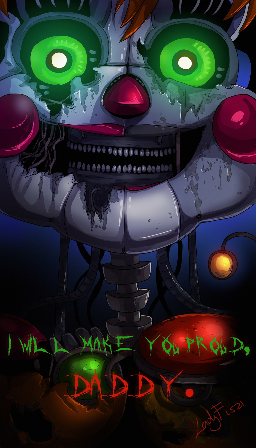 2017 absurd_res animatronic creepy digital_media_(artwork) fiszi five_nights_at_freddy's freddy_fazbear's_pizzeria_simulator glowing glowing_eyes hi_res humanoid looking_at_viewer machine nightmare_fuel not_furry robot scrap_baby_(fnaf) solo video_games